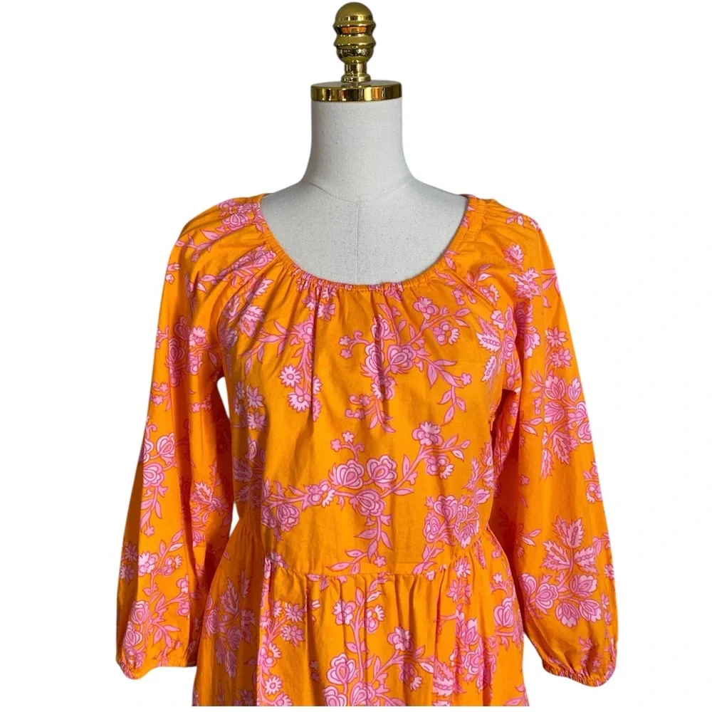 J. Crew Women Orange Pink Floral Scoop-Neck Tiered 100% Cotton Mini Dress Size 6 - Picture 6 of 8